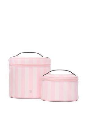 Victoria’s Secret 2-Piece Makeup Bag Case Pink White Heritage Stripe Vanity Tot